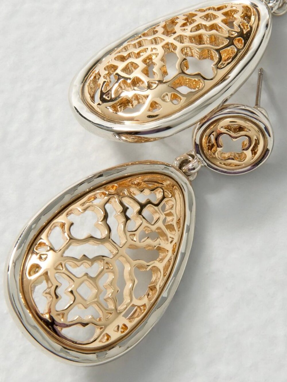 WHBM GORGEOUS! Goldtone + Silvertone Drop Earrings FILIGREE Mixed Metal Two Tone - Picture 4 of 5